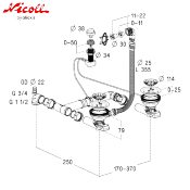 NICOLL 0204115 - 534 - Bonde évier 2 bacs + trop plein Ø114 mm. Vidage automatique.